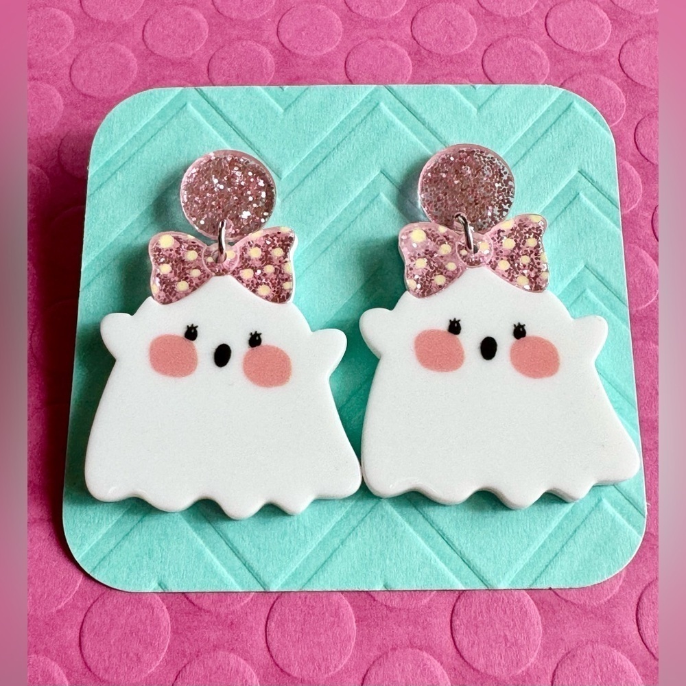 New Halloween Ghost w/ Pink Glitter Bow Whimsical Acrylic Earrings - 2”